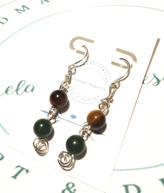 Tiger Eye & Jade Sterling Silver Beaded Dangle Earrings