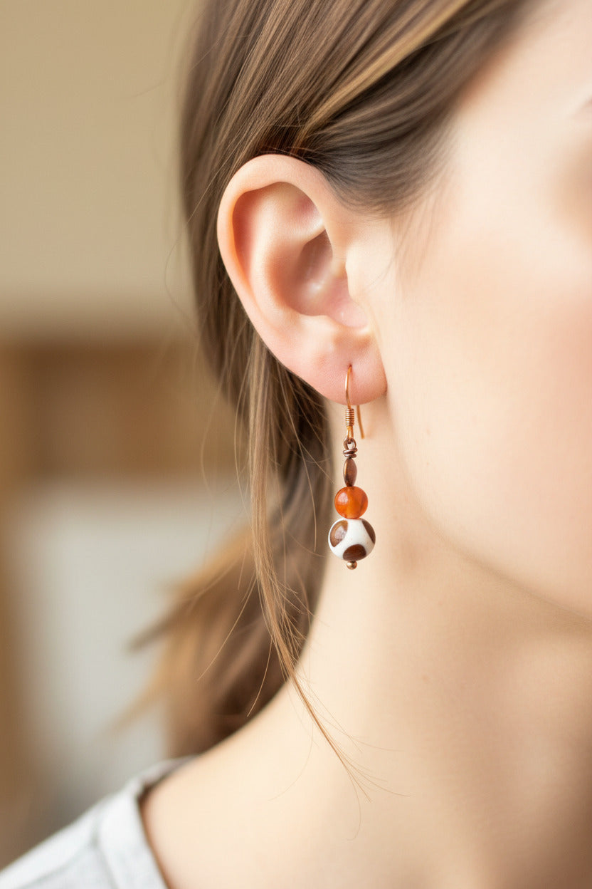 Tibetan Dzi Agate & Carnelian Dangle Earrings with Copper Fish Hook