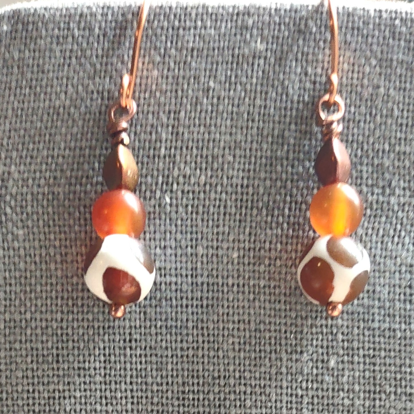 Tibetan Dzi Agate & Carnelian Dangle Earrings with Copper Fish Hook
