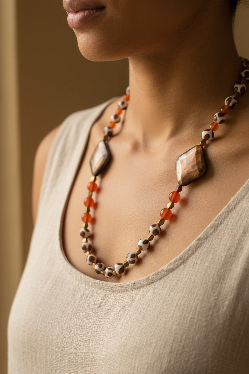 Tibetan DZI Agate & Carnelian Necklace with Copper accents
