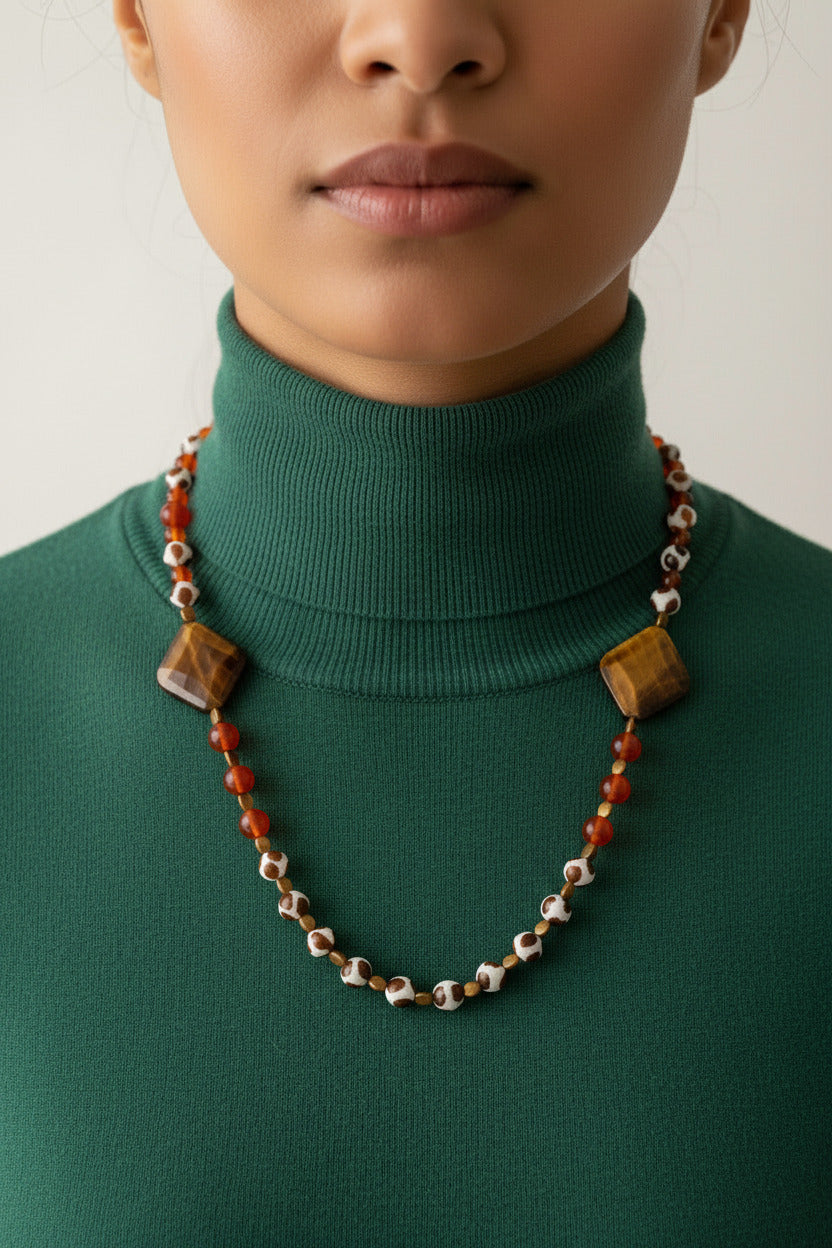 Tibetan Dzi Agate & Carnelian Necklace with Copper Diamond Focal Beads
