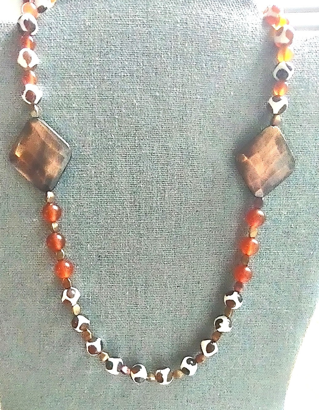 Tibetan Dzi Agate & Carnelian Necklace with Copper Diamond Focal Beads