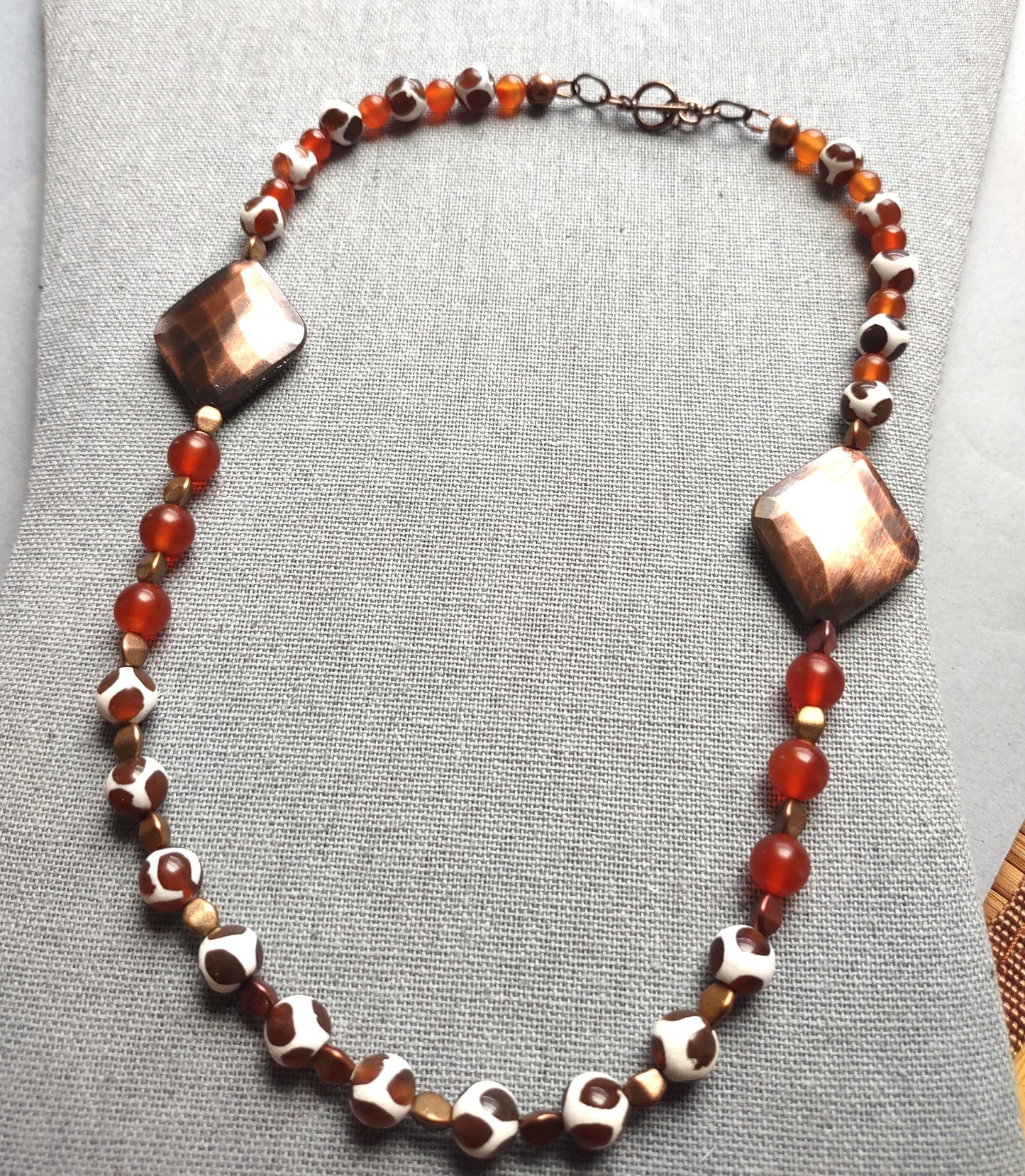 Tibetan Dzi Agate & Carnelian Necklace with Copper Diamond Focal Beads