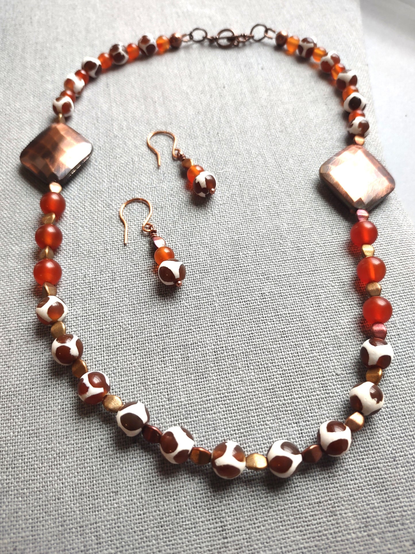 Tibetan Dzi Agate & Carnelian Necklace with Copper Diamond Focal Beads