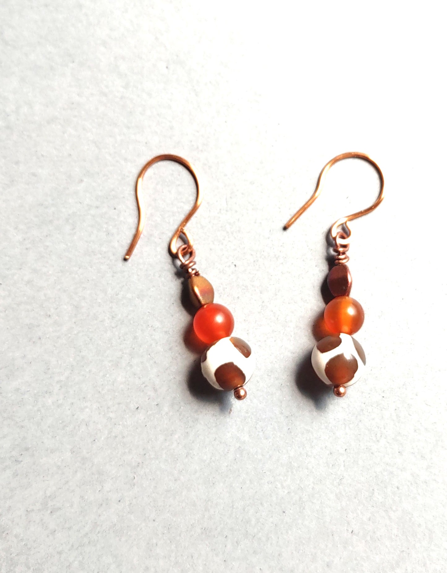 Tibetan Dzi Agate & Carnelian Dangle Earrings with Copper Fish Hook