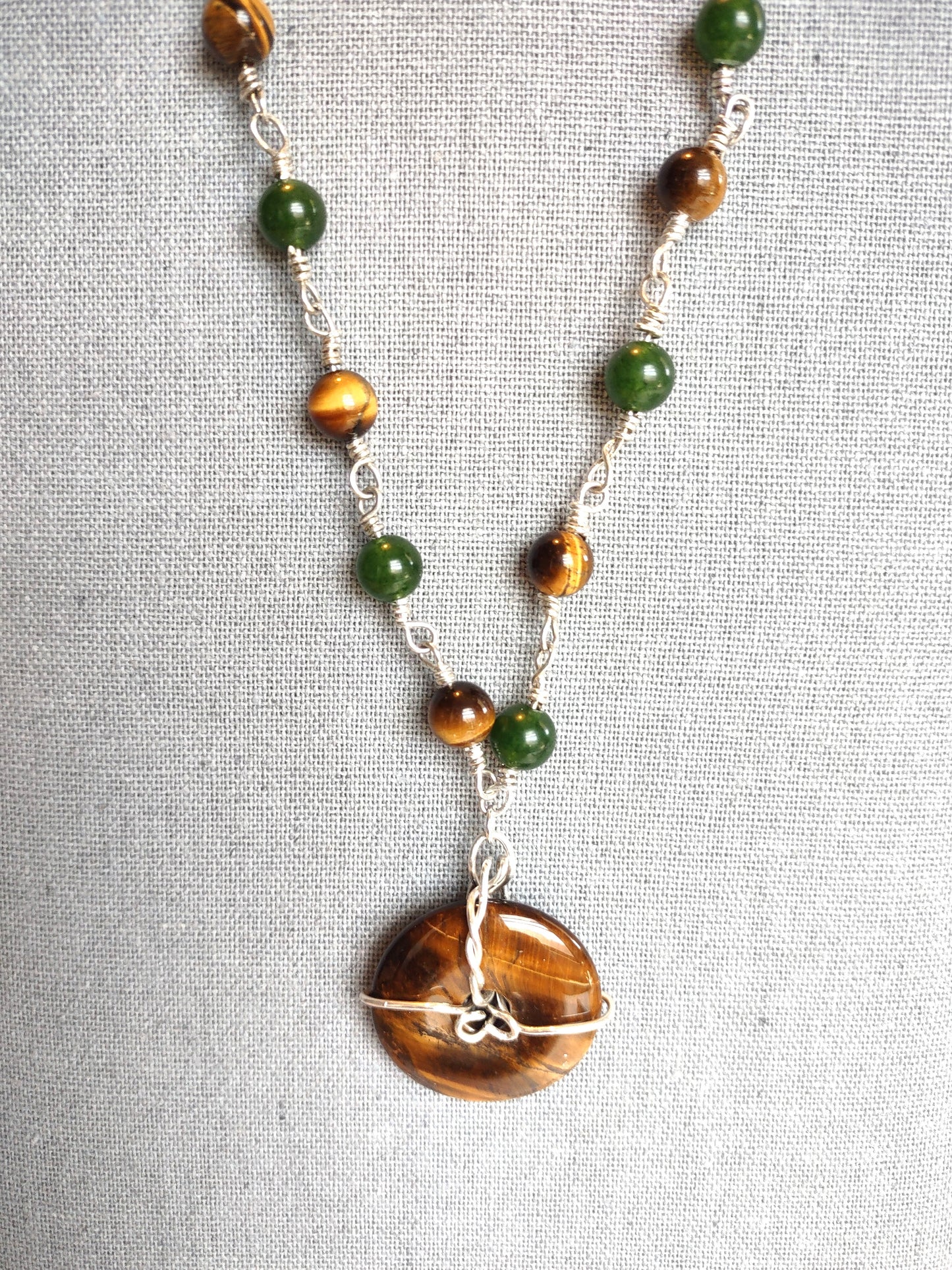 Tiger Eye & Jade Sterling Silver Chain Link Necklace - 20"