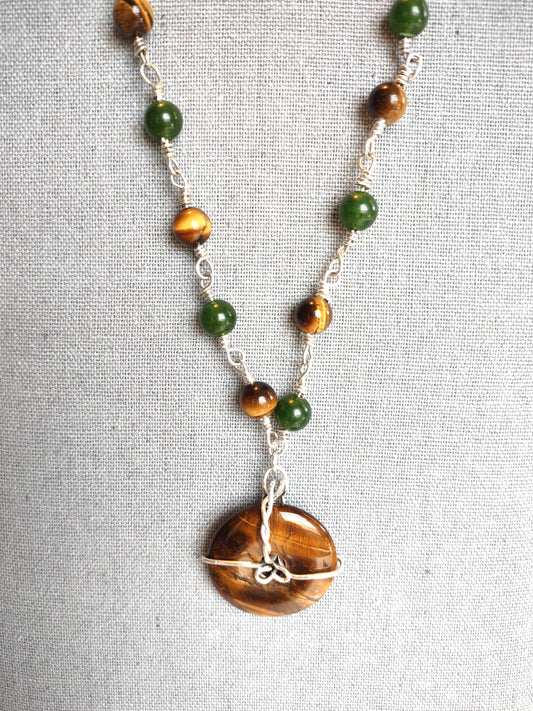 Tiger Eye & Jade Sterling Silver Chain Link Necklace - 20"