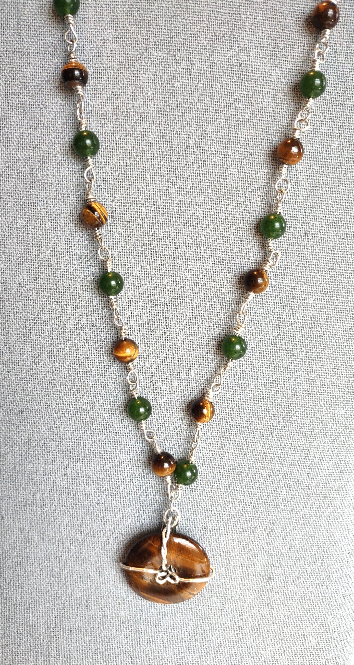 Tiger Eye & Jade Sterling Silver Chain Link Necklace - 20"
