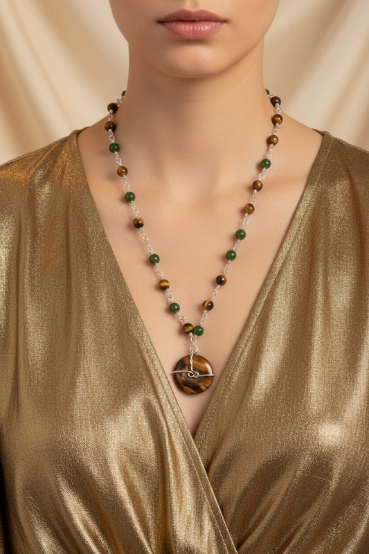 Chain link necklace with tiger eye & jade beads
