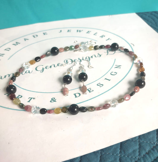 Tourmaline Crystal & Obsidian Sterling Silver Choker & Earring Set
