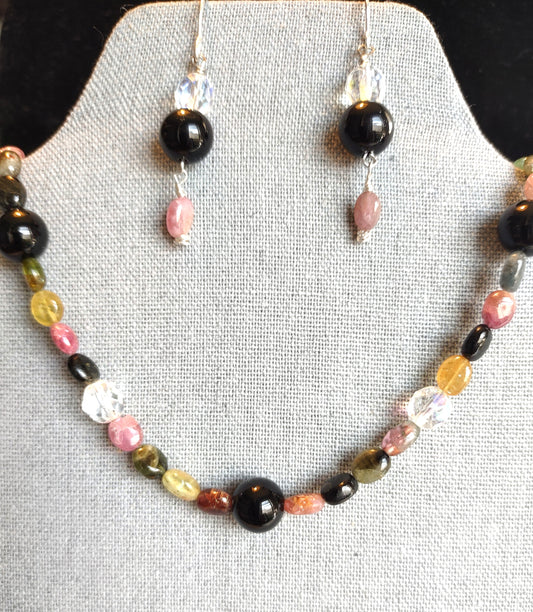 Collarbone Necklace & Earring Set - Tourmaline, Crystal & Obsidian