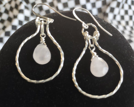 Rose Quartz Briolette - Sterling Silver Hoops - October Heat