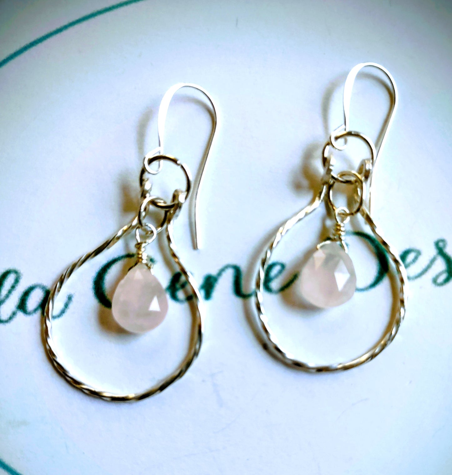 Rose Quartz Briolette - Sterling Silver Hoops - October Heat