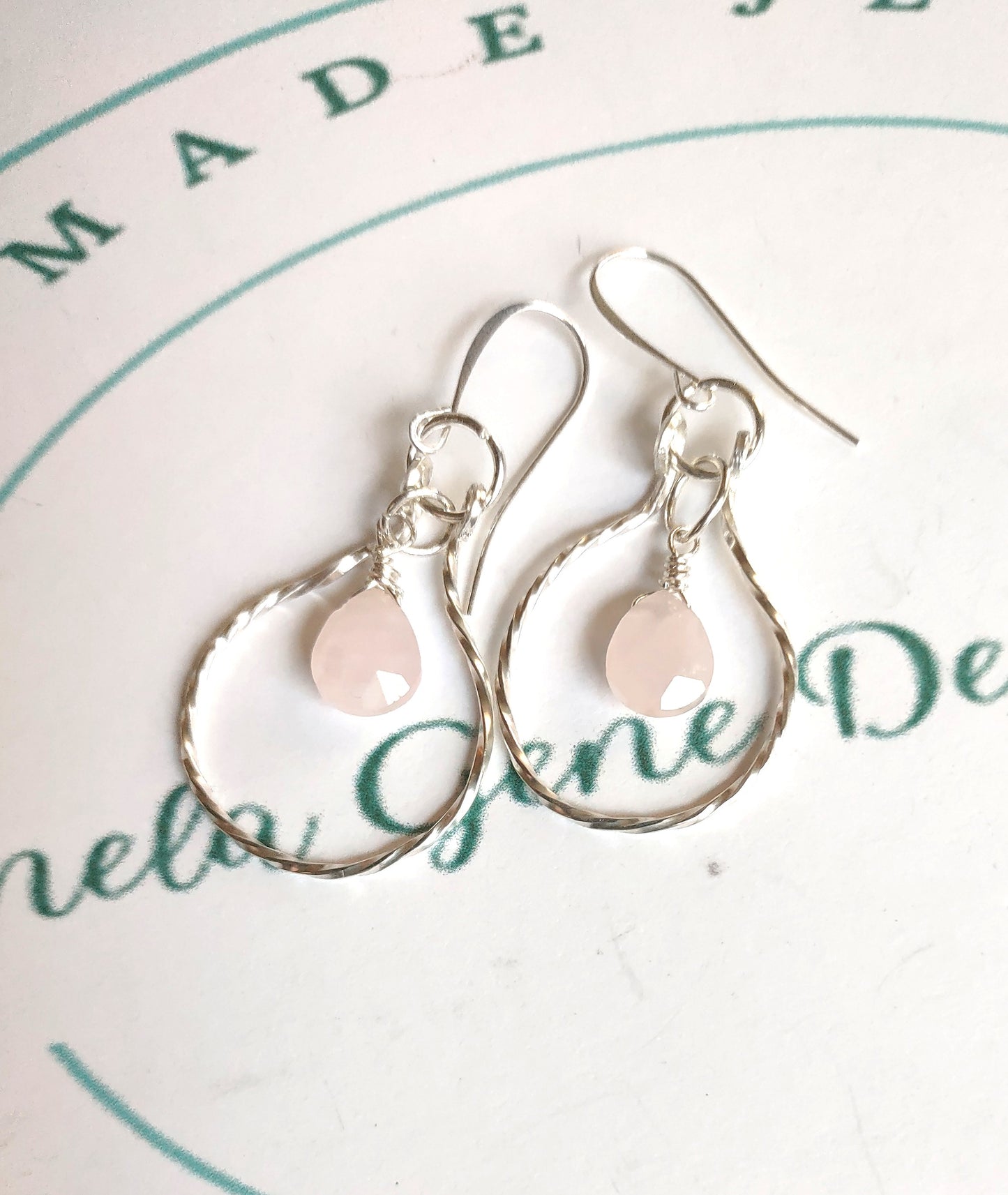Rose Quartz Briolette - Sterling Silver Hoops - October Heat