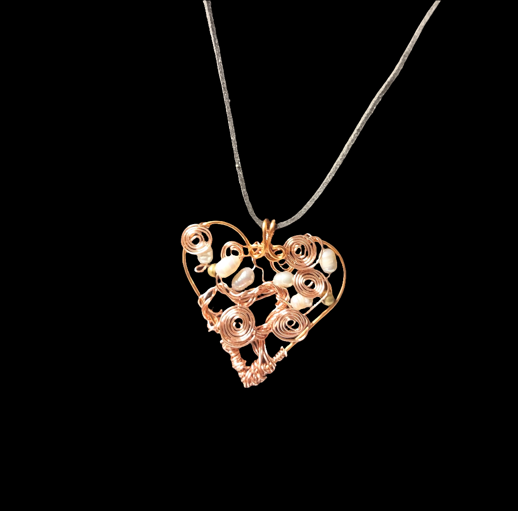 Copper Heart Pendant with Pearls and Swirls