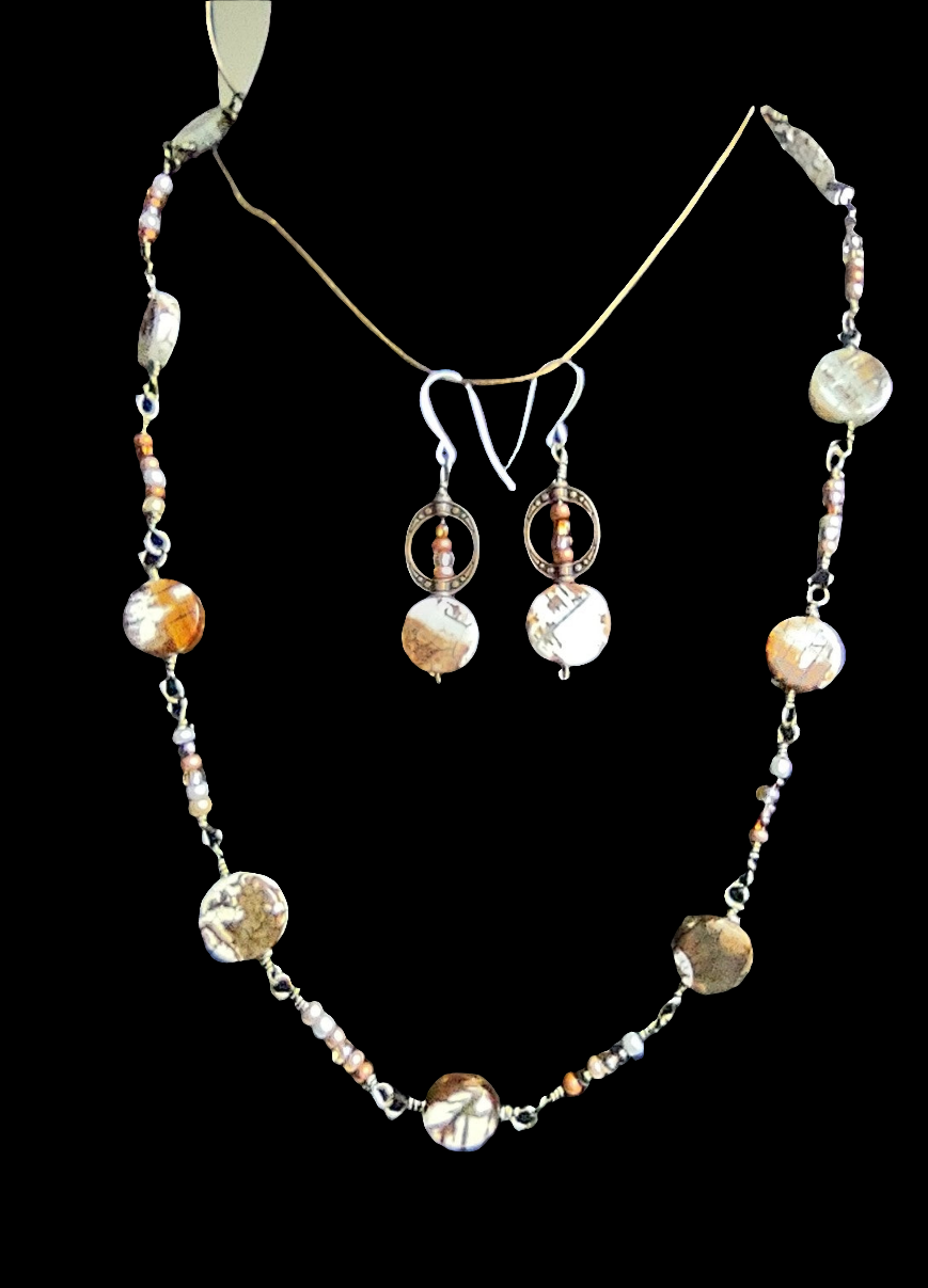 Beaded Chain Link Necklace and Earring Set - Lentil Bead Necklace