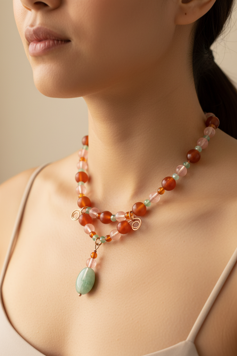 Multi Gemstone Copper Accent Necklace worn on model at collarbone length