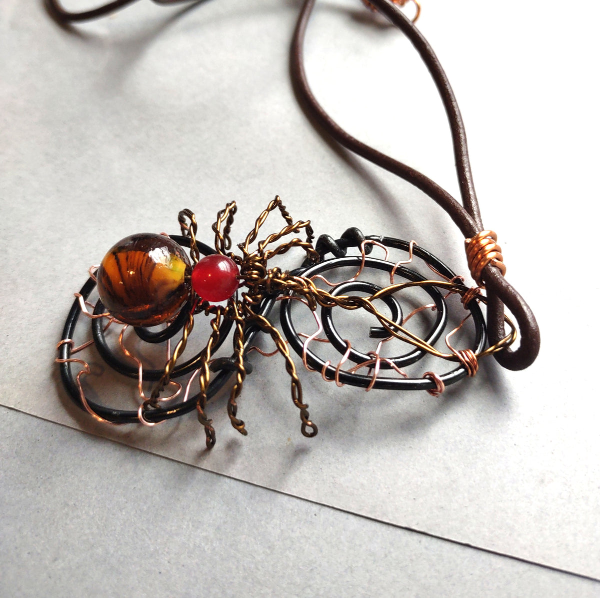 Copper & Black Spider Web Pendant Necklace